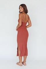 Frieda Cowl Neck Side Split Ribbed Midi Dress Rust