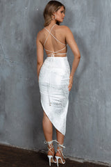 Annya Lace-Up Back Midi Dress Jacquard White