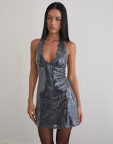 Hepasi Halter Mini Dress in Clear Tinted Sequin Charcoal