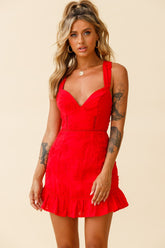 Charity Criss-Cross Back Floral Embroidered Dress Red