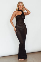 Next Level One-Shoulder Crochet Maxi Dress Black