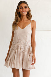 Venice Crochet Insert Detail Fluted Hem Dress Beige