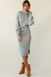 Marco Long Sleeve Turtleneck Knit Midi Dress Grey