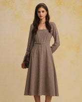 Brown Gingham Square Neck Belted Maxi Dress