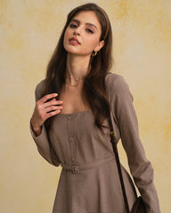 Brown Gingham Square Neck Belted Maxi Dress