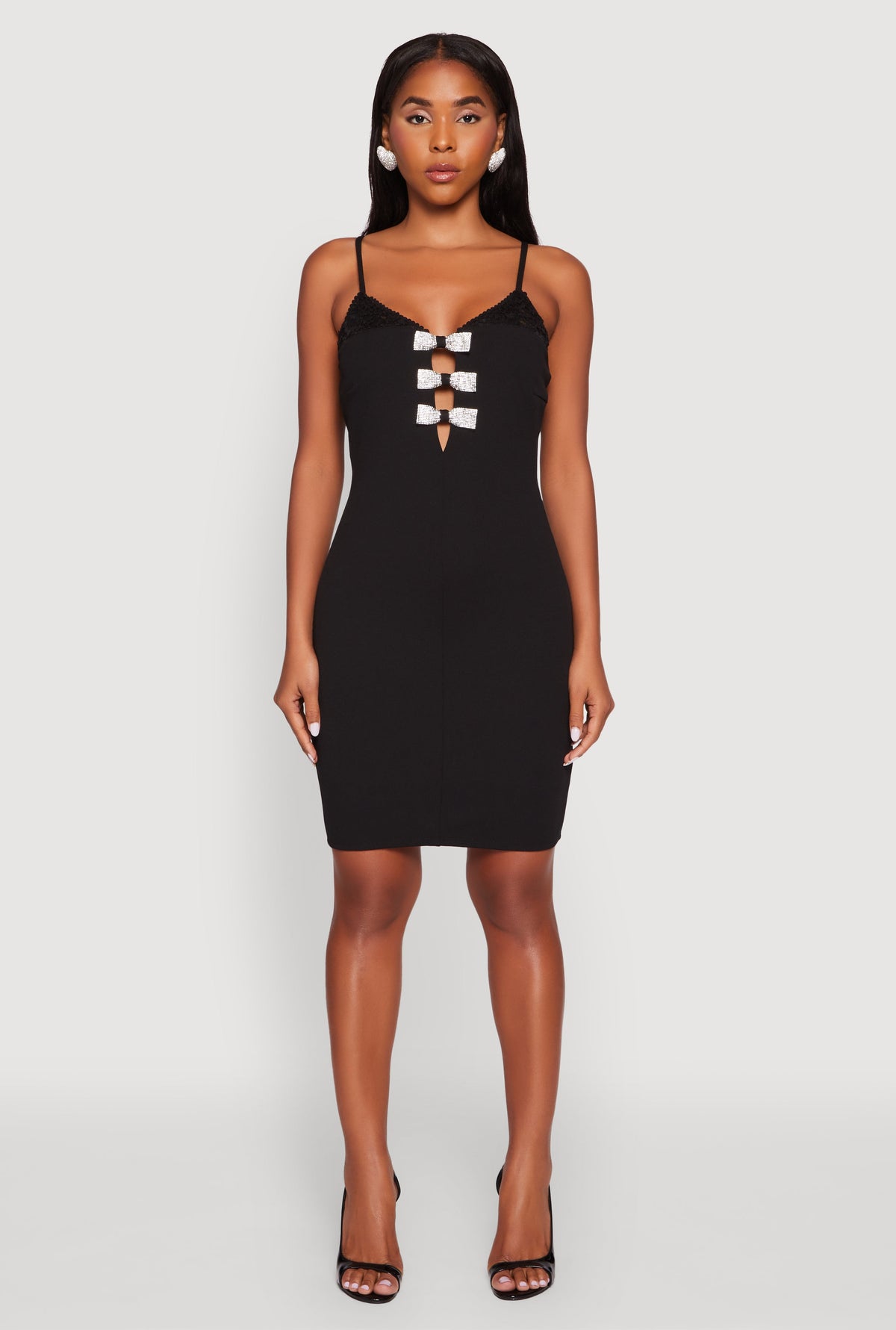 Sleeveless Crepe Knit Mini Dress with Rhinestone Bows
