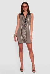 Sleeveless Striped Greek Key Polo Sweater Dress