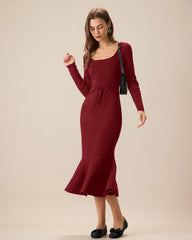 Red Square Neck Mermaid Sweater Dress