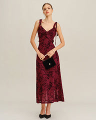 Red Floral Ruffle Slip Midi Dress